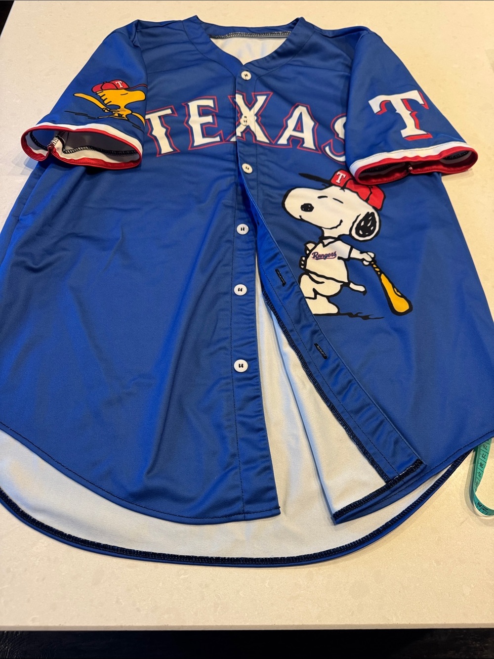Texas Rangers Blue Snoopy peanuts Woodstock Jersey men’s large see measurements.